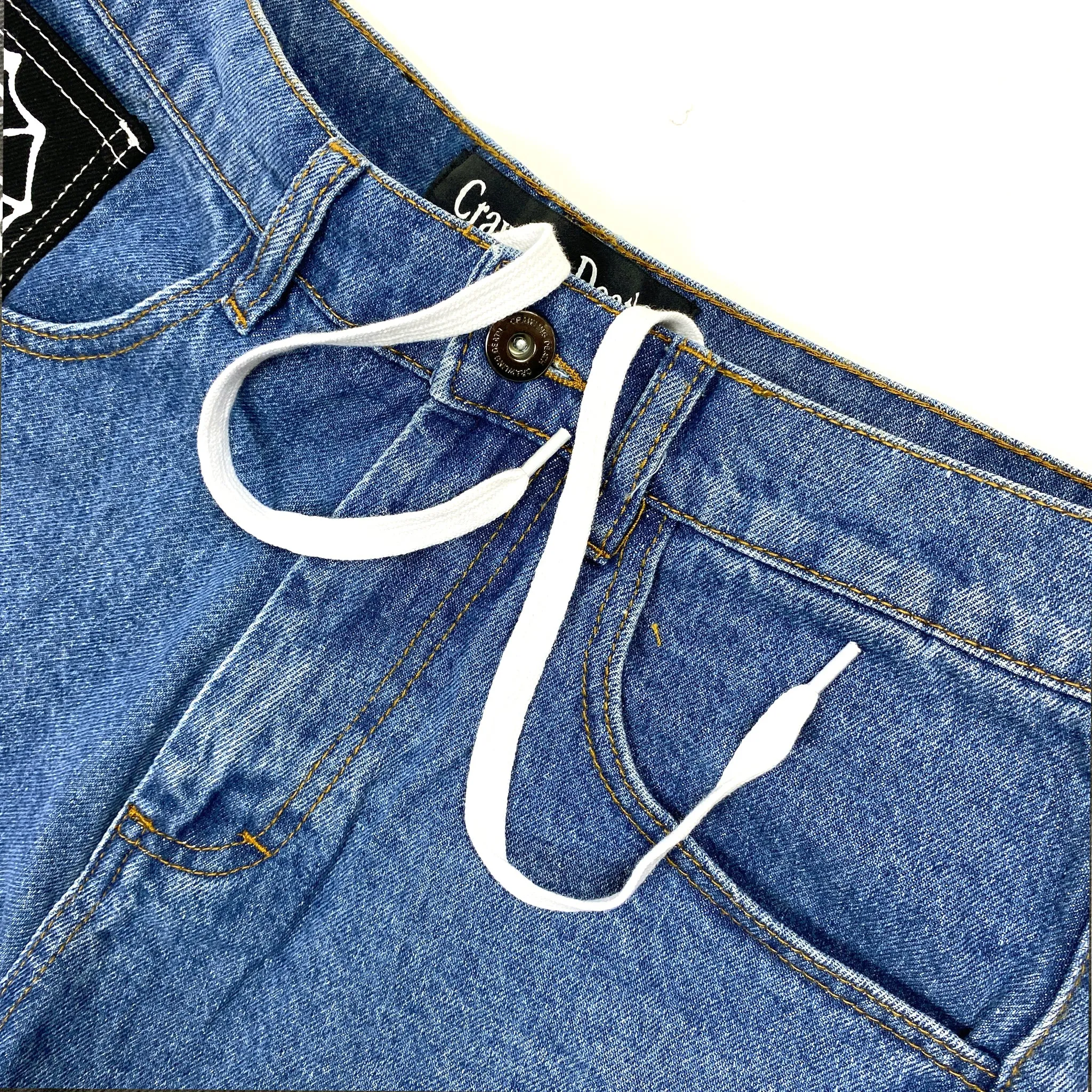 Crawling Death Web Denim Shorts Mid Blue