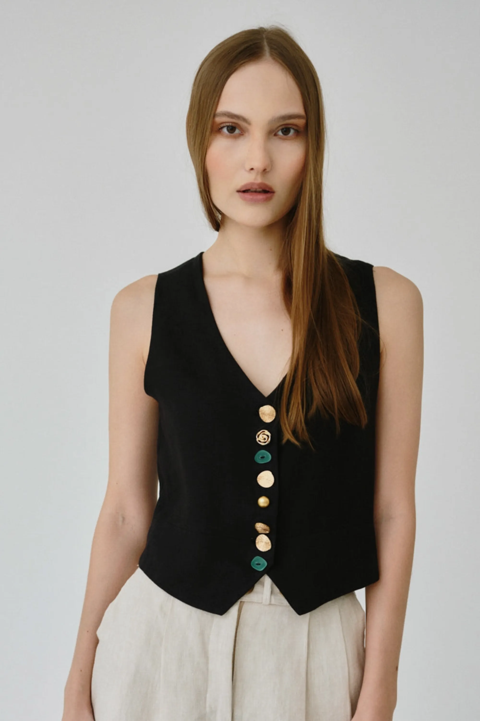 Daphne Linen Waistcoat in Black
