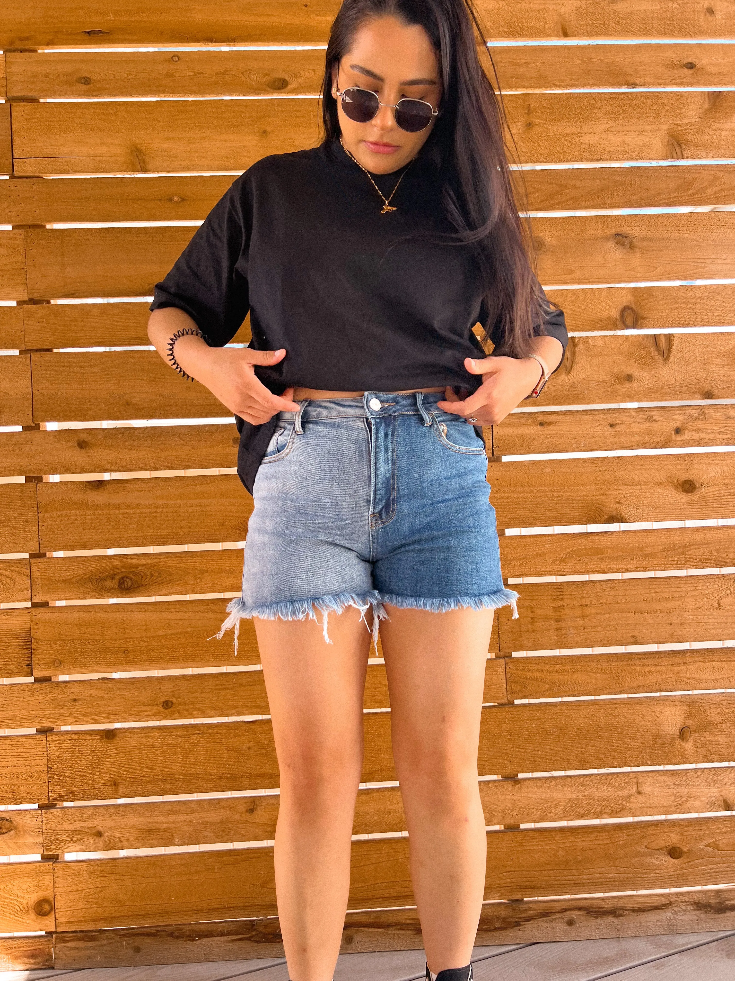 day off two toned denim shorts