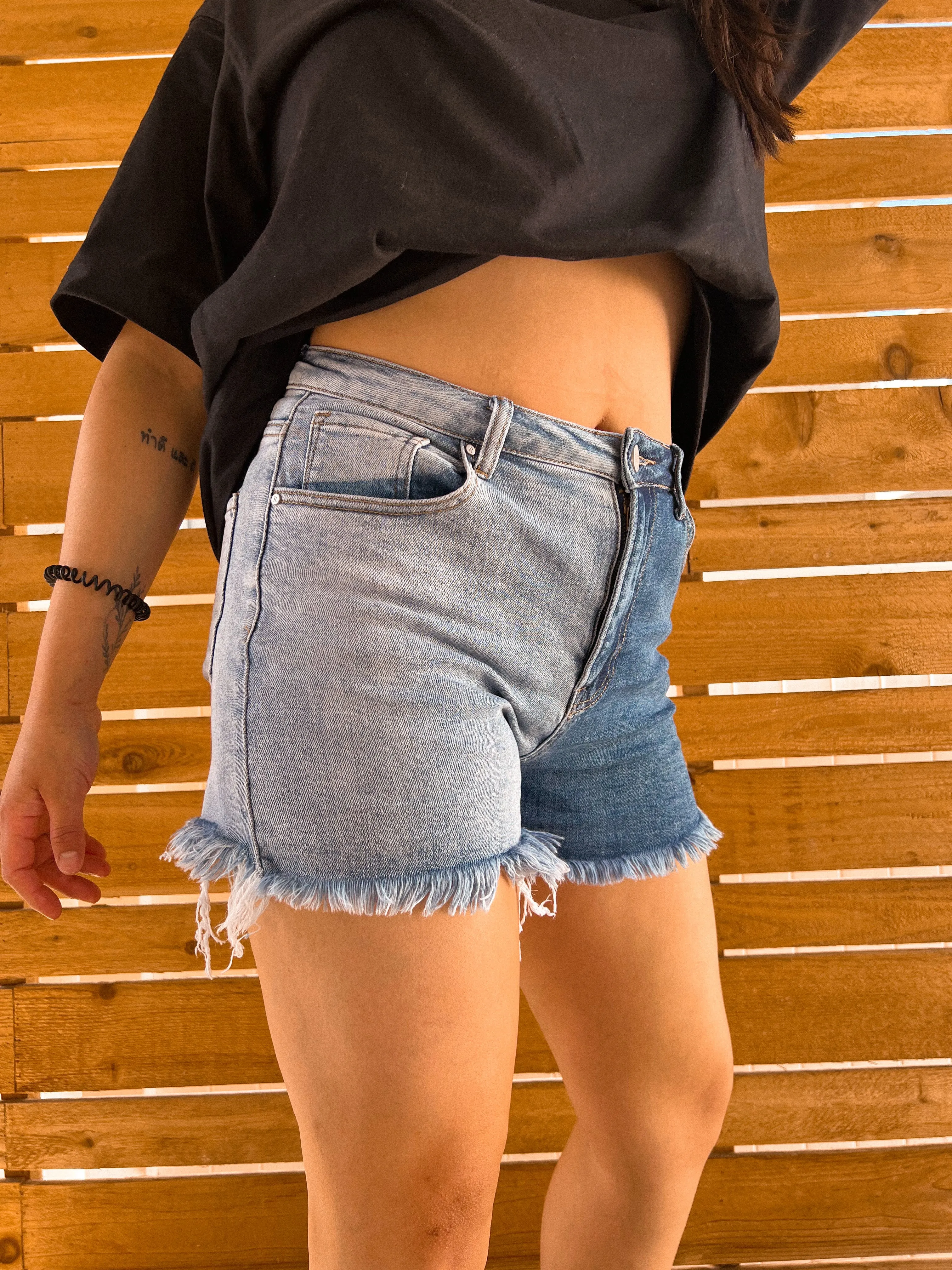 day off two toned denim shorts