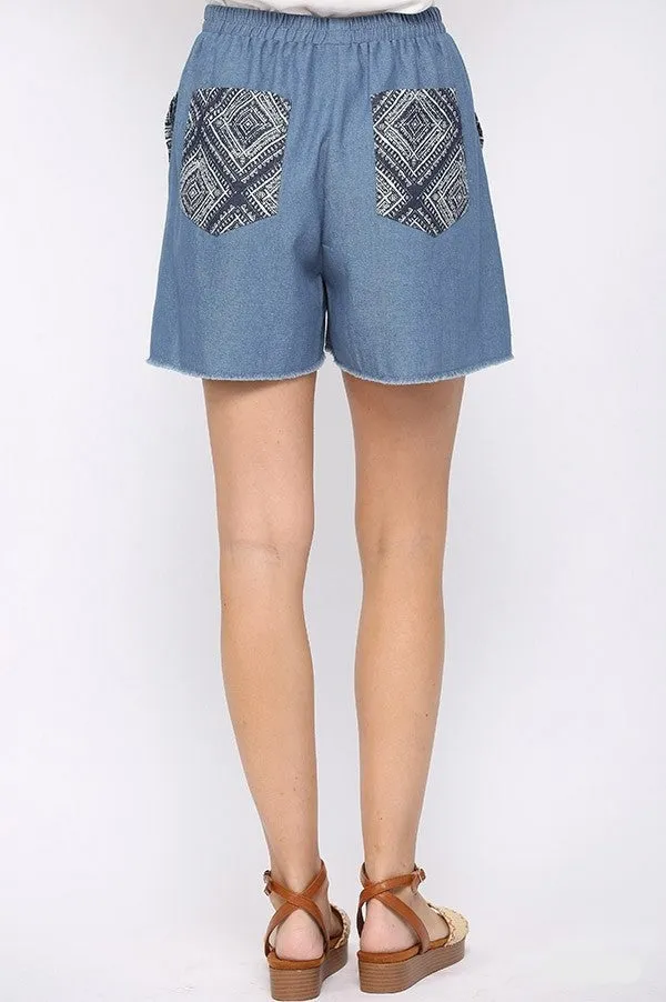 Denim And Print Pockets Elastic Waist Shorts With Raw Hem