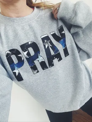Distressed Pray Stars And Stripes © Unisex Crewneck Sweatshirt (Thin Blue Line)