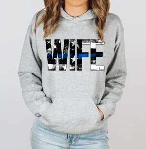 Distressed Wife Stars And Stripes © Unisex Hoodie (Thin Blue Line) // Final Sale