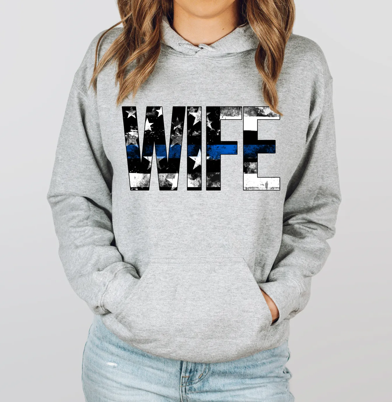 Distressed Wife Stars And Stripes © Unisex Hoodie (Thin Blue Line) // Final Sale