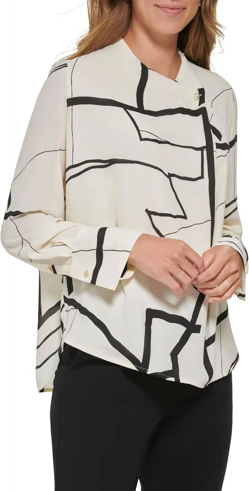 DKNY Womens Long Sleeve Pearl Trim Blouse UI2TYI48 Eggnog / Black XL