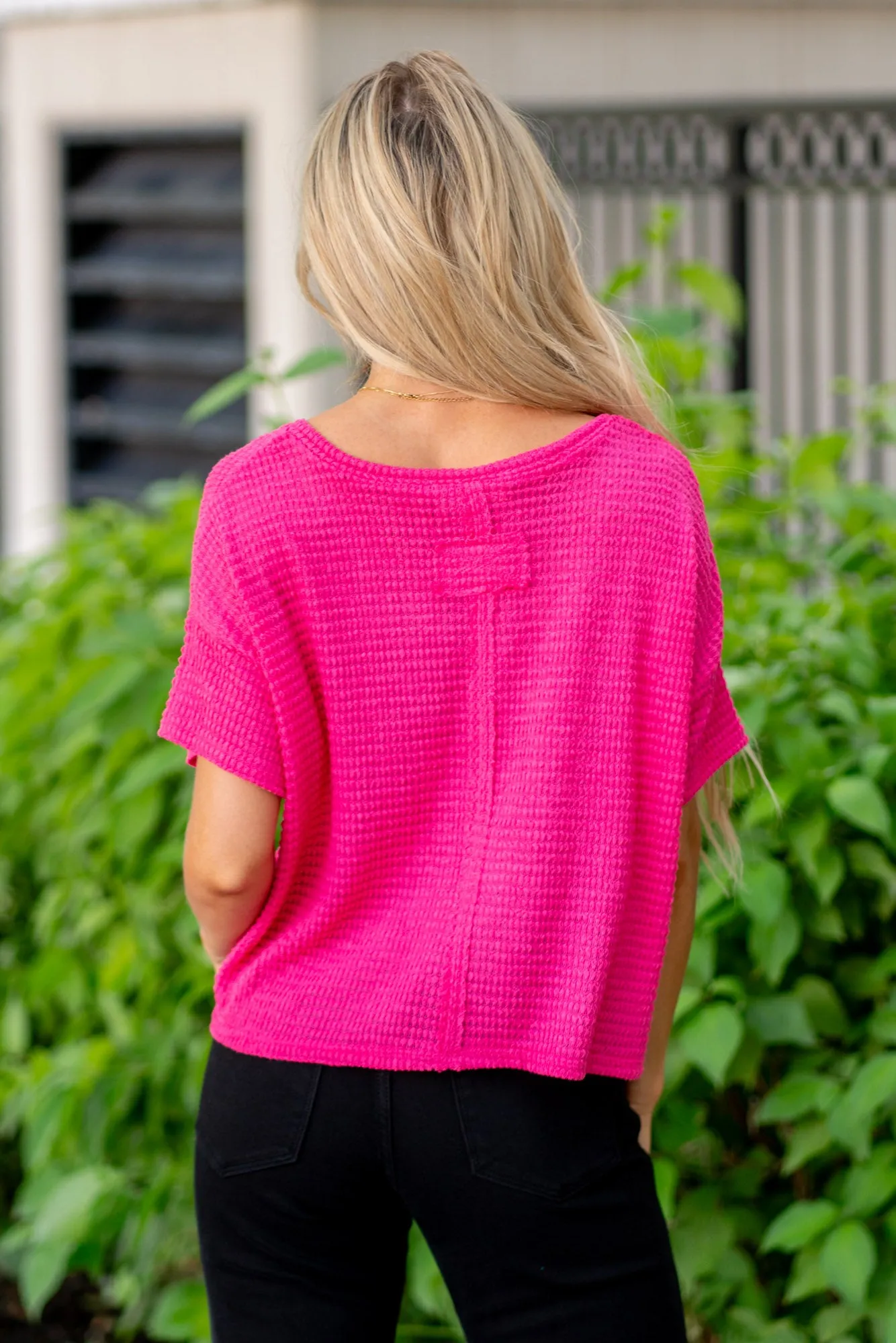 Drop Shoulder Short Sleeve Jacquard Knit Top