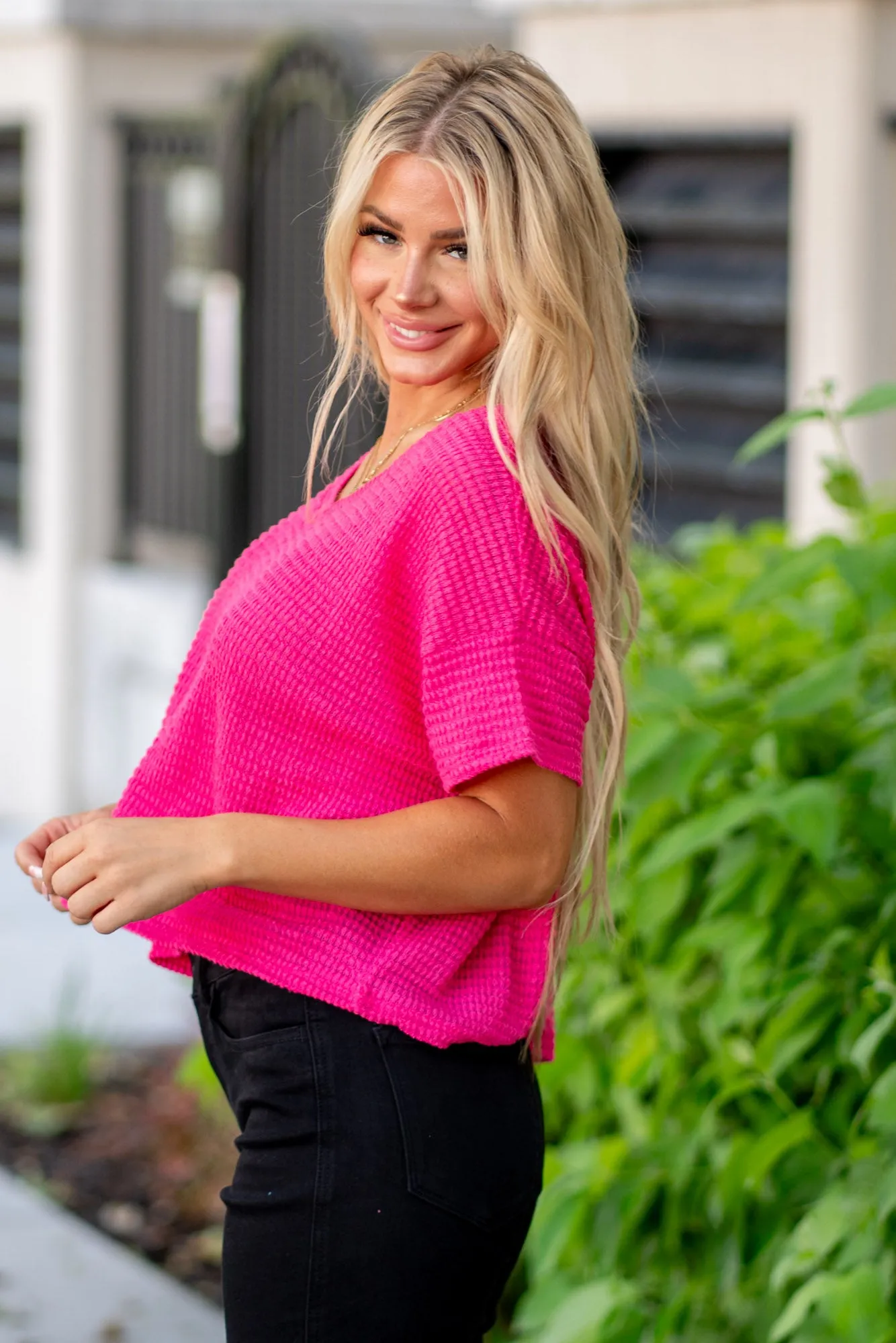 Drop Shoulder Short Sleeve Jacquard Knit Top