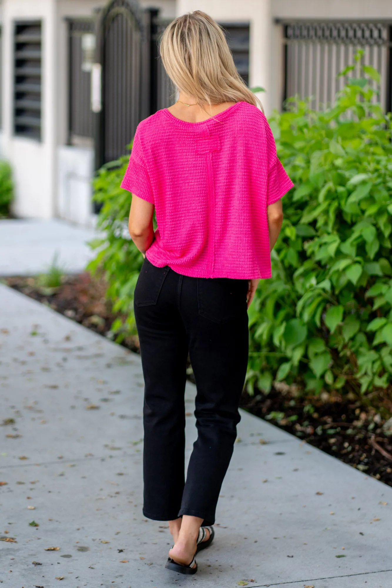 Drop Shoulder Short Sleeve Jacquard Knit Top