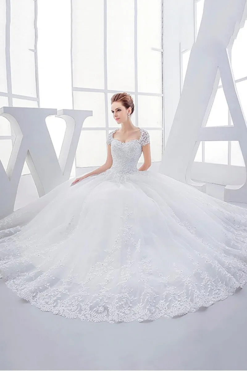 Elegant Lace Queen Anne Ball Gown Wedding Dress With Corset And Keyhole Back-715794