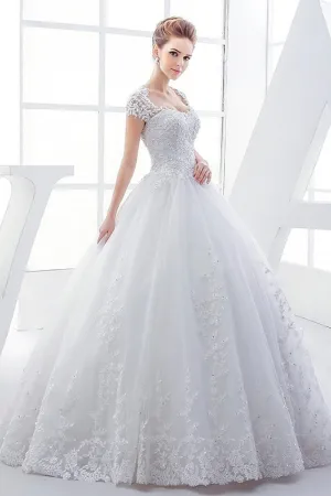 Elegant Lace Queen Anne Ball Gown Wedding Dress With Corset And Keyhole Back-715794