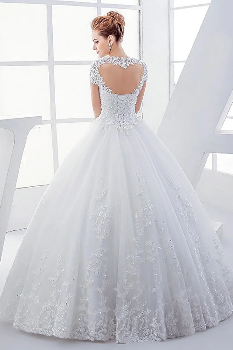 Elegant Lace Queen Anne Ball Gown Wedding Dress With Corset And Keyhole Back-715794