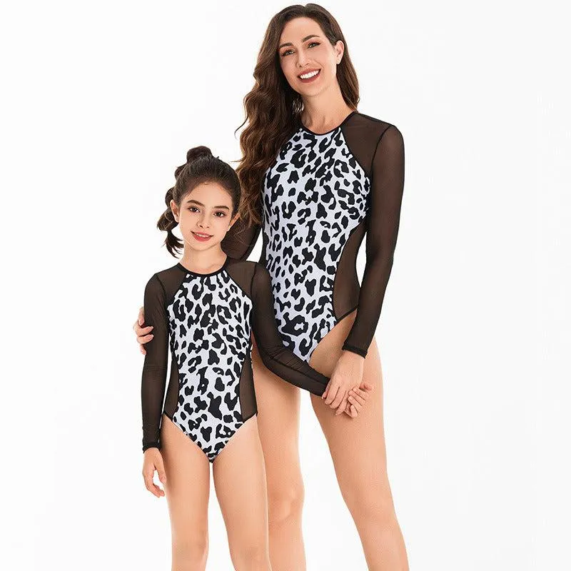 Elegant Long-Sleeve Leopard Print Swimsuit for Mother and Daughter
