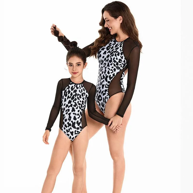 Elegant Long-Sleeve Leopard Print Swimsuit for Mother and Daughter