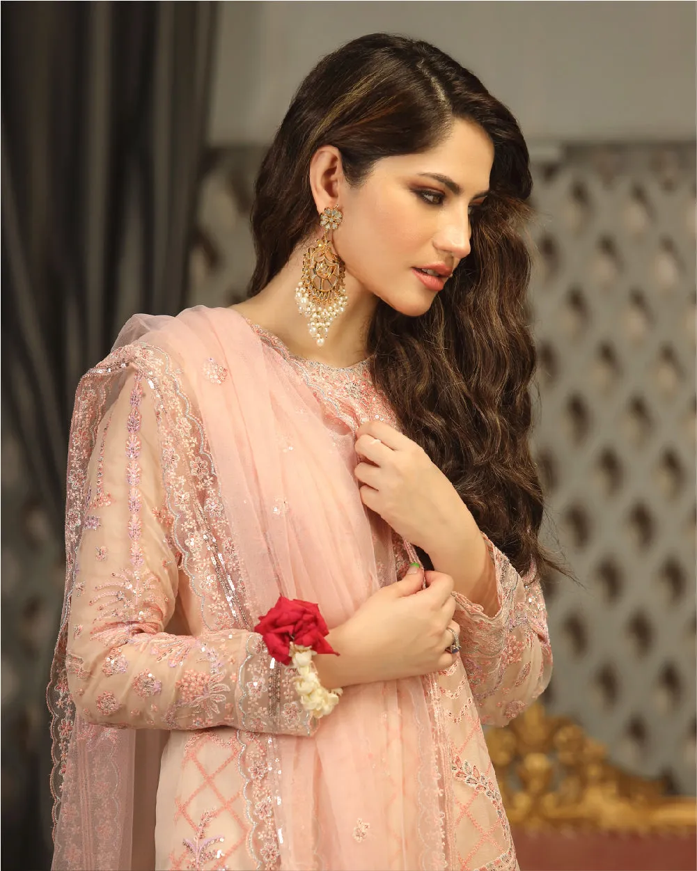 Embroidered Pakistani Party Dress in Peach Pink Salwar Kameez Style
