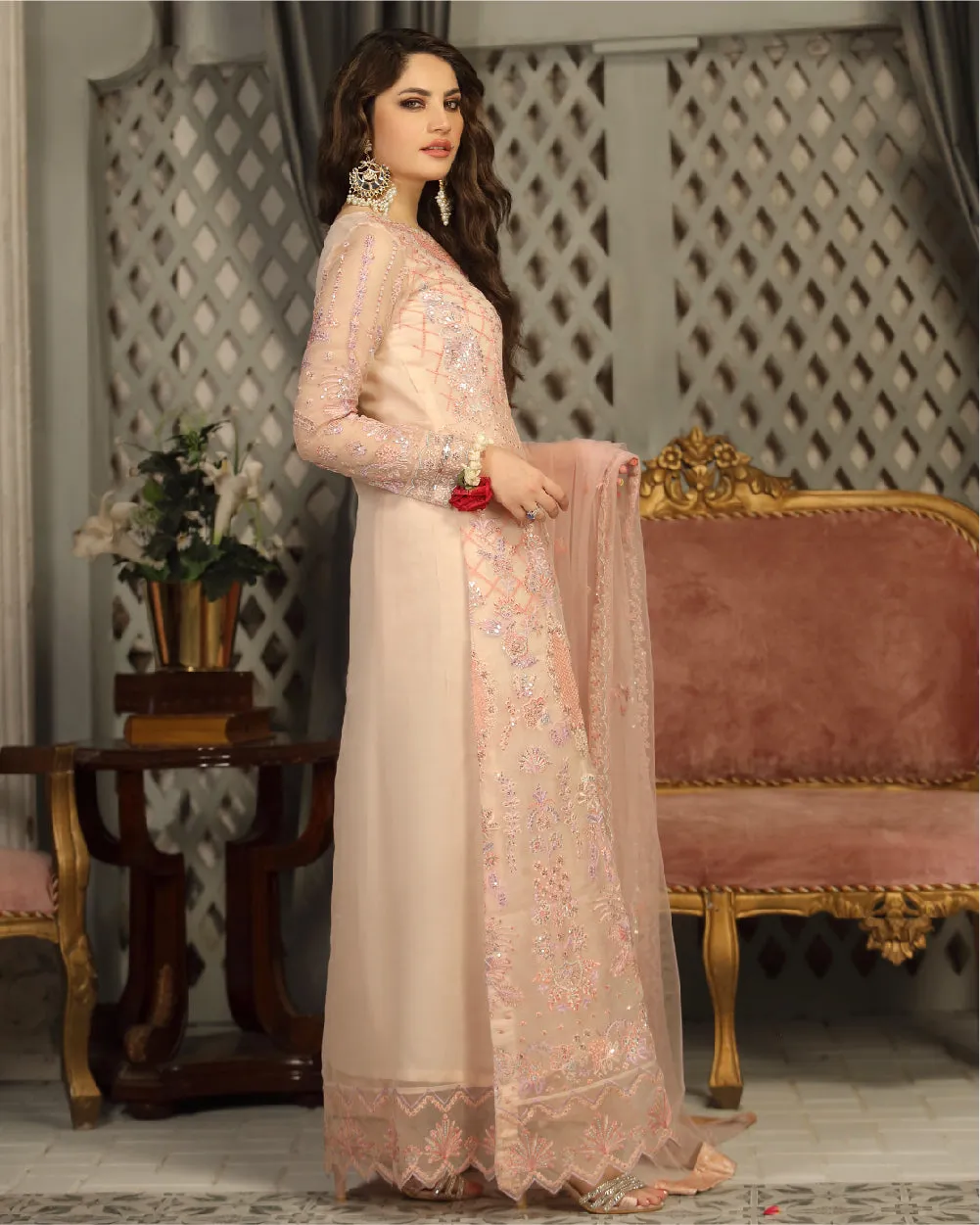 Embroidered Pakistani Party Dress in Peach Pink Salwar Kameez Style