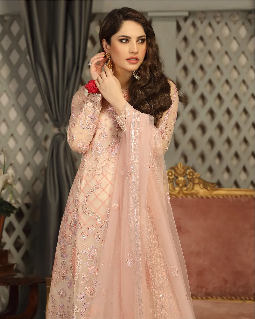 Embroidered Pakistani Party Dress in Peach Pink Salwar Kameez Style