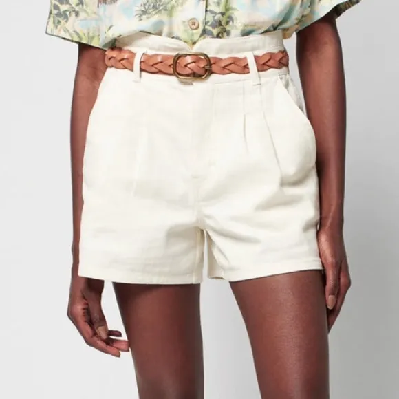 Faherty Women’s Rikki White Denim Cotton High Waist Pleated Shorts Large