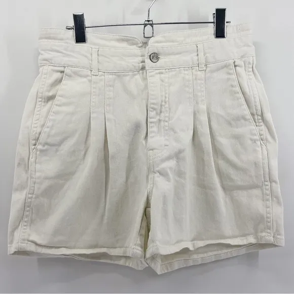 Faherty Women’s Rikki White Denim Cotton High Waist Pleated Shorts Large