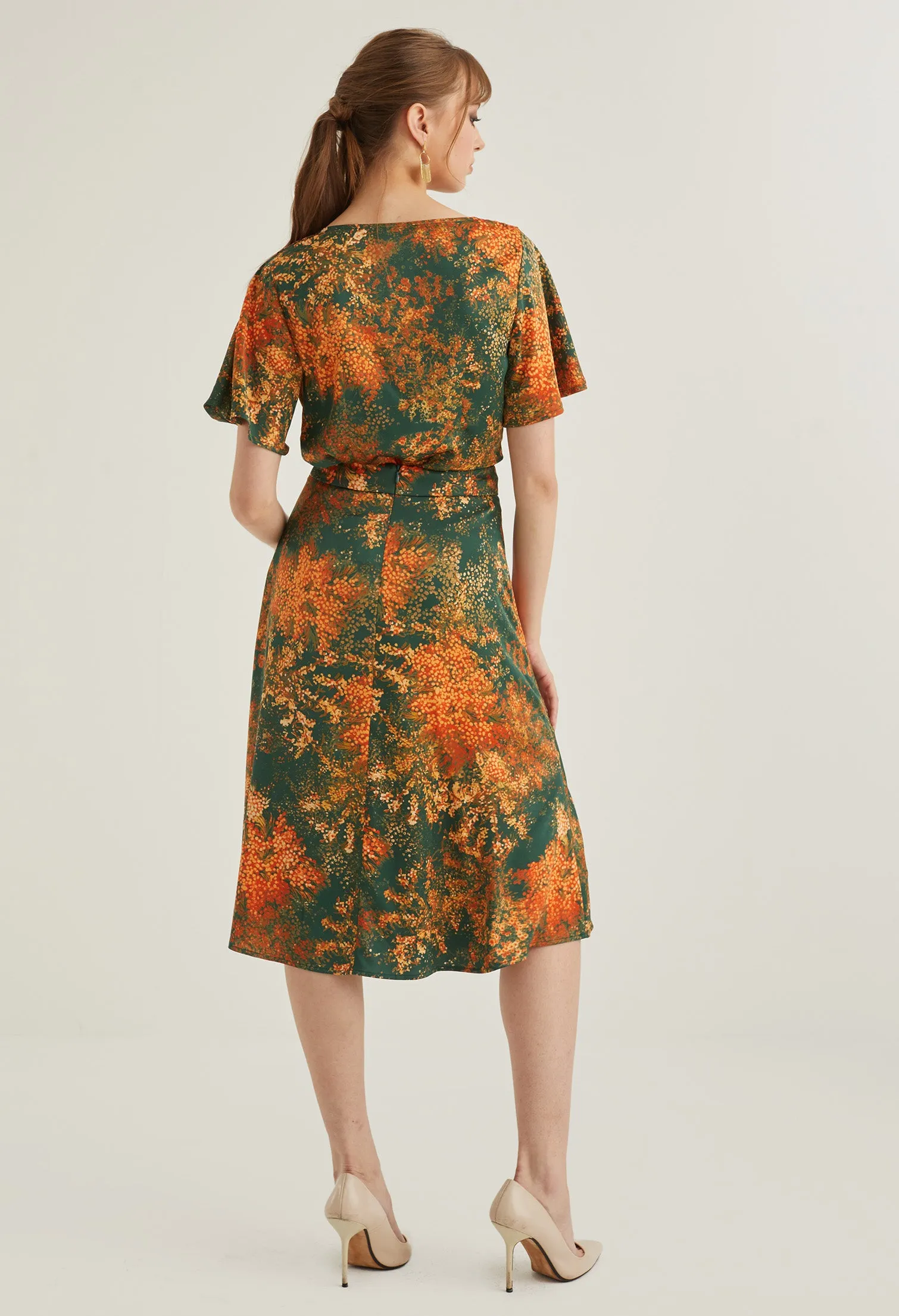Faux Wrap Floral Burst Midi Skirt