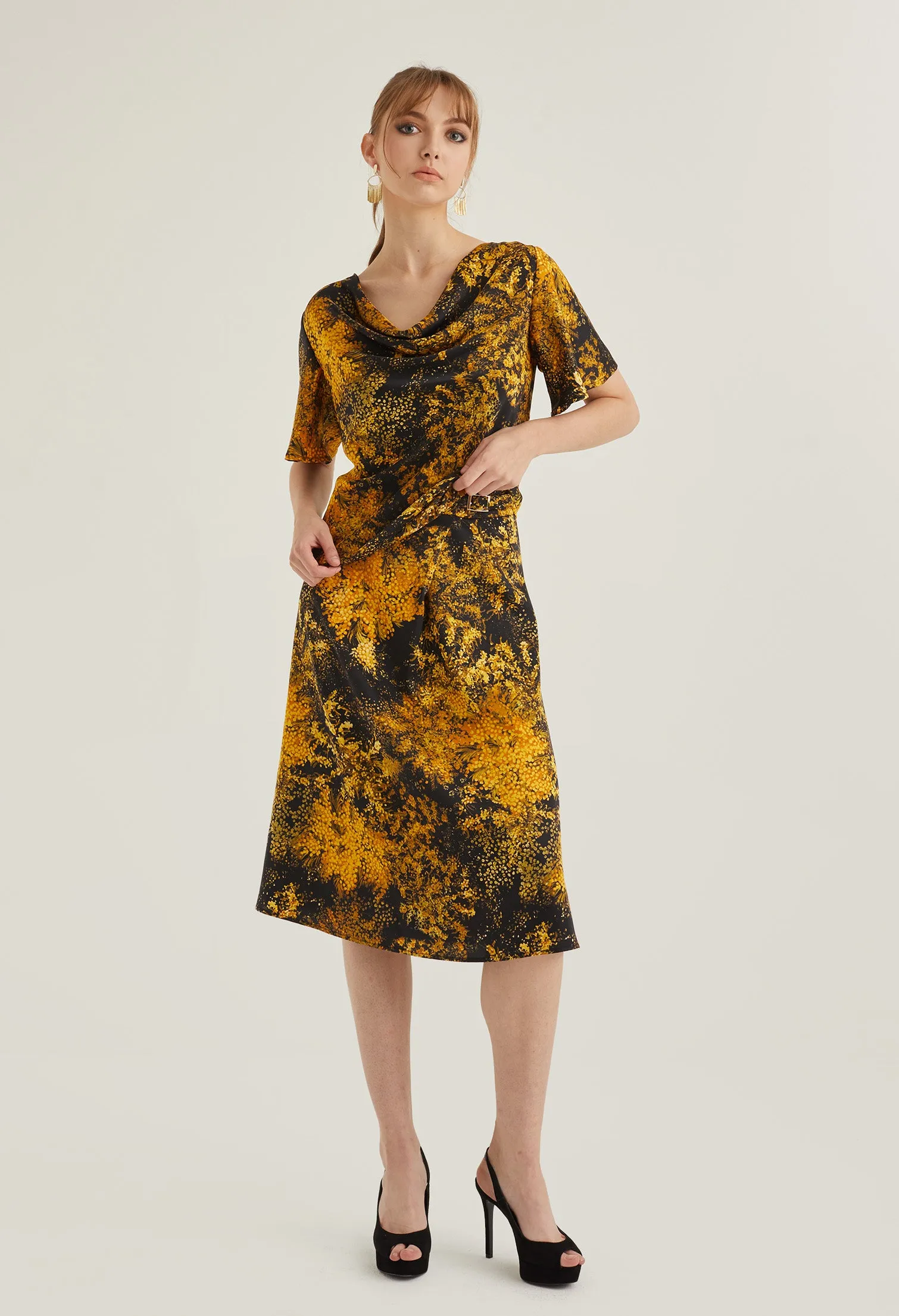 Faux Wrap Floral Burst Midi Skirt