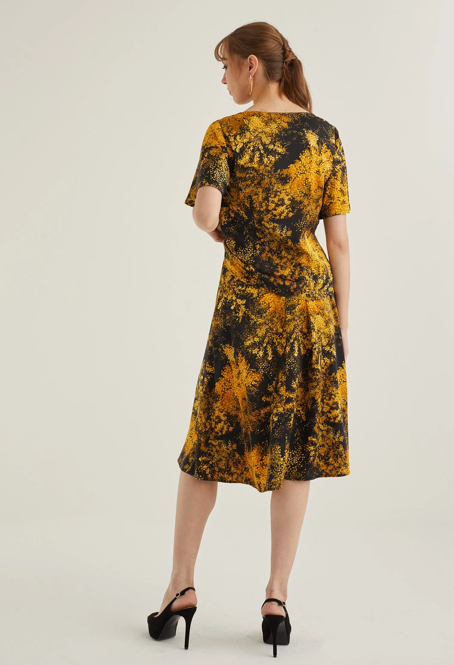 Faux Wrap Floral Burst Midi Skirt