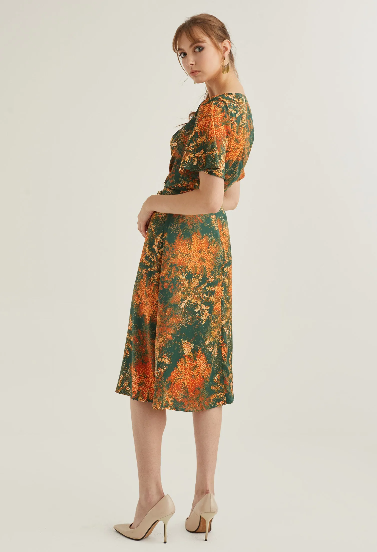 Faux Wrap Floral Burst Midi Skirt