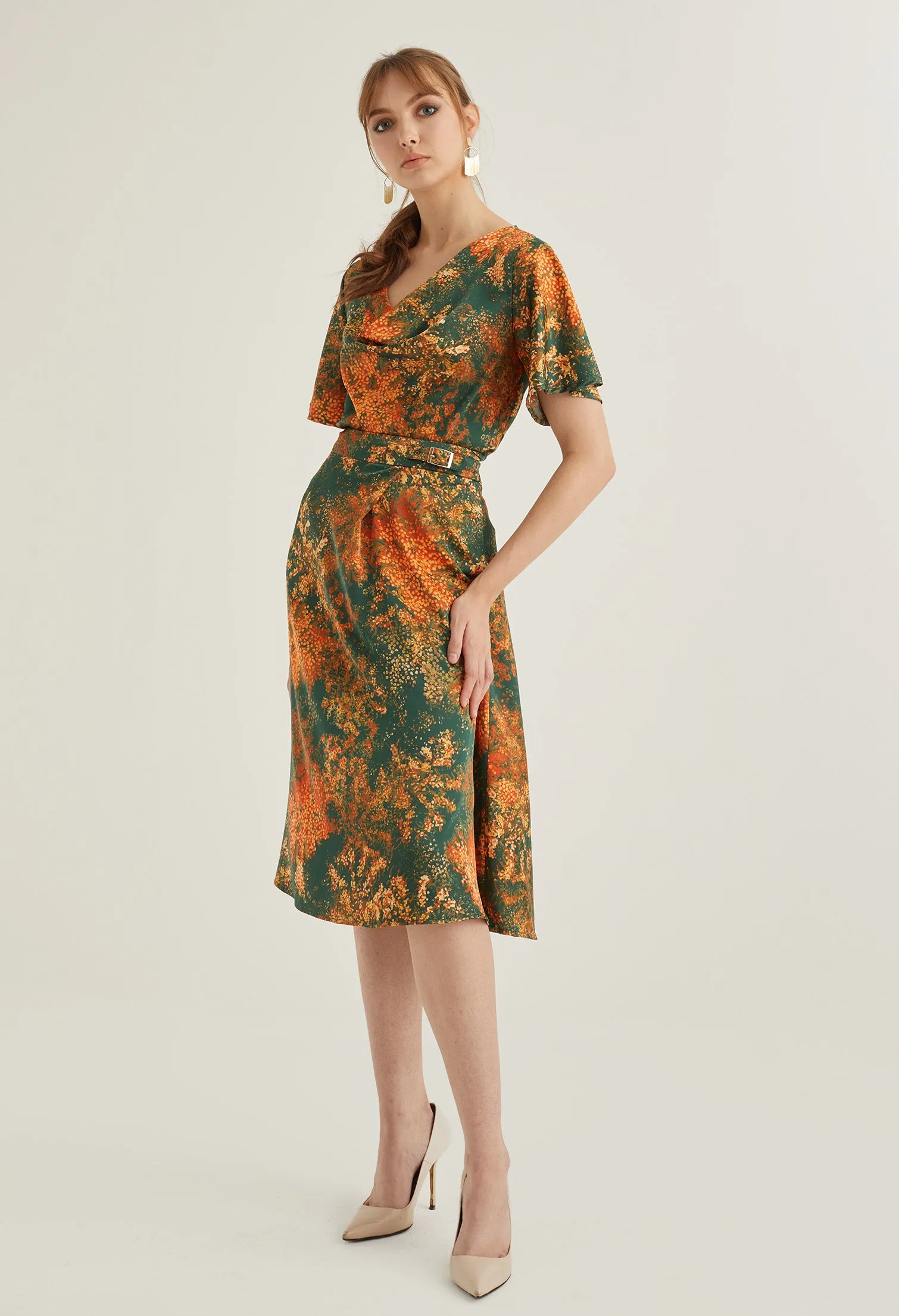 Faux Wrap Floral Burst Midi Skirt