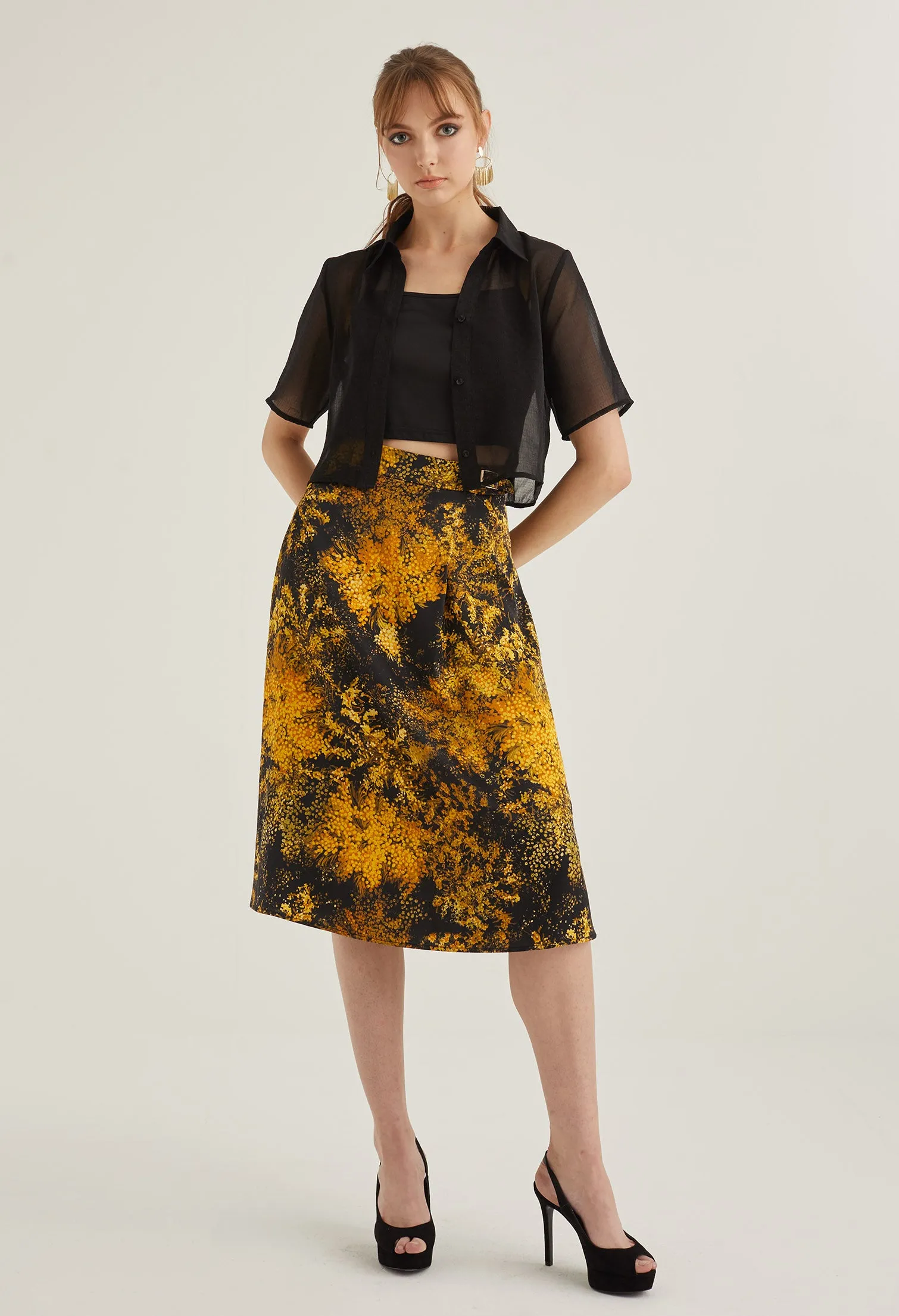Faux Wrap Floral Burst Midi Skirt