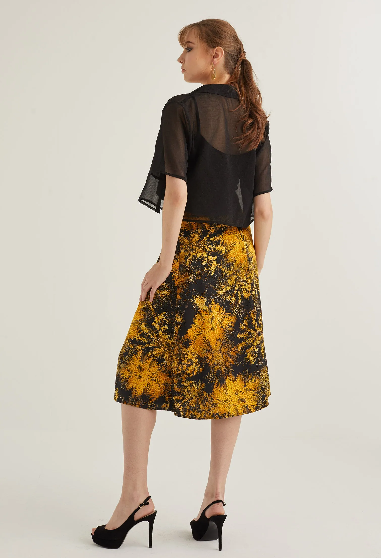 Faux Wrap Floral Burst Midi Skirt