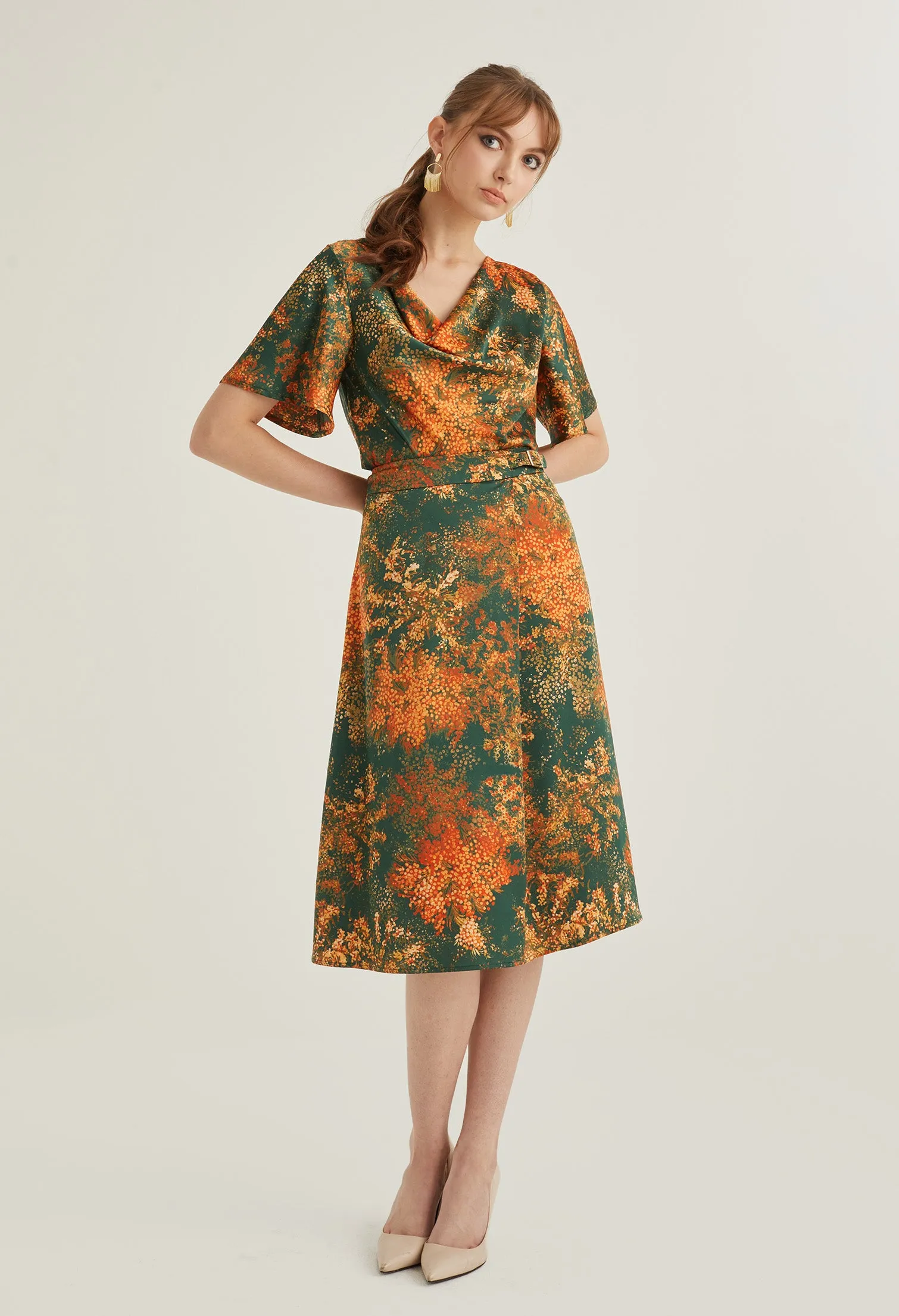 Faux Wrap Floral Burst Midi Skirt