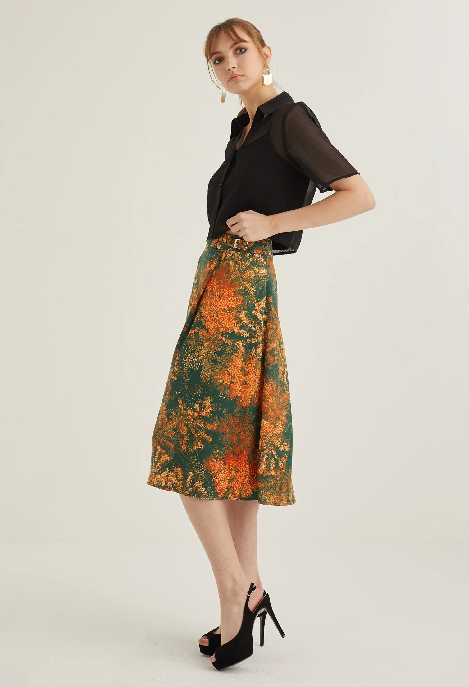 Faux Wrap Floral Burst Midi Skirt