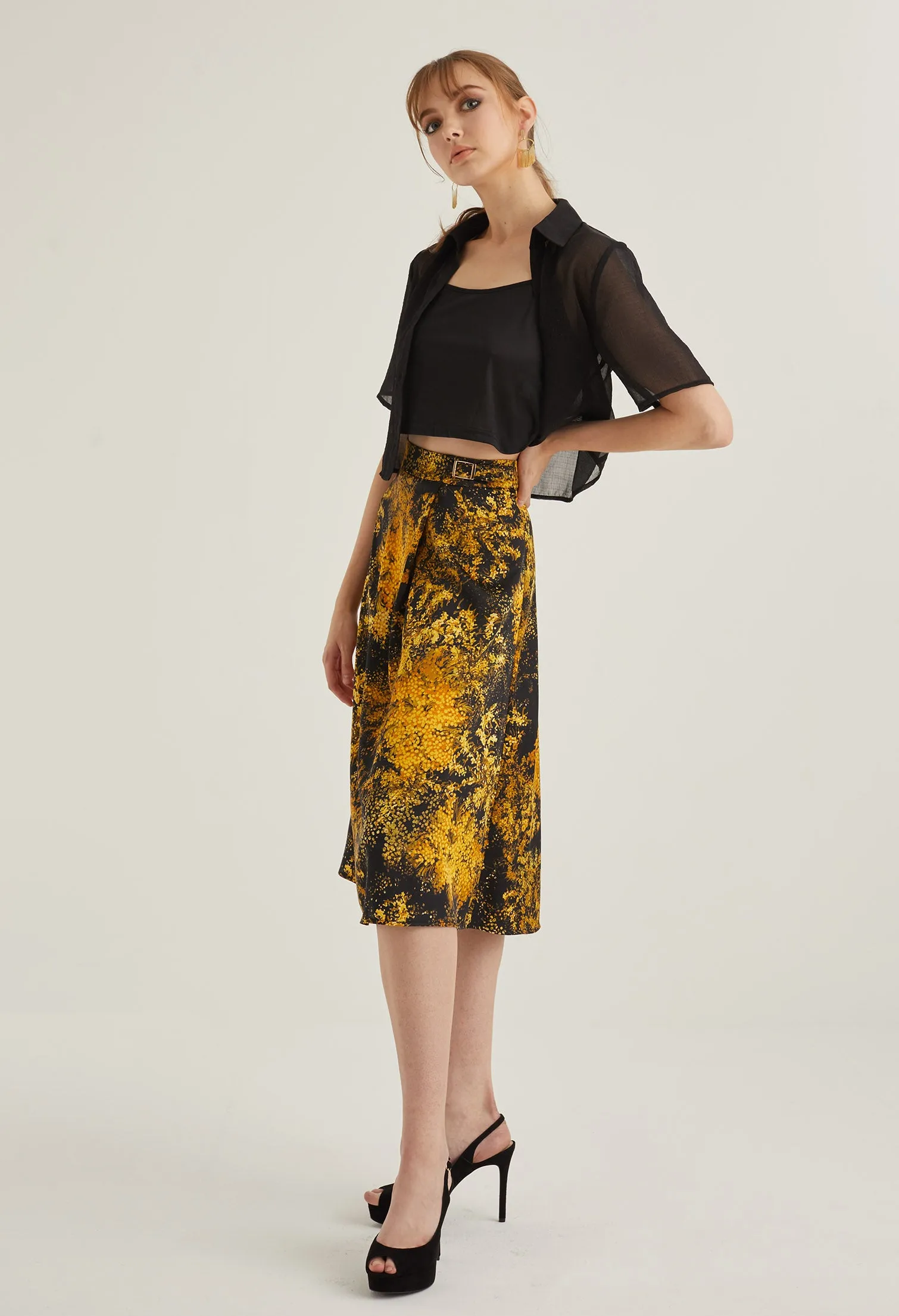 Faux Wrap Floral Burst Midi Skirt