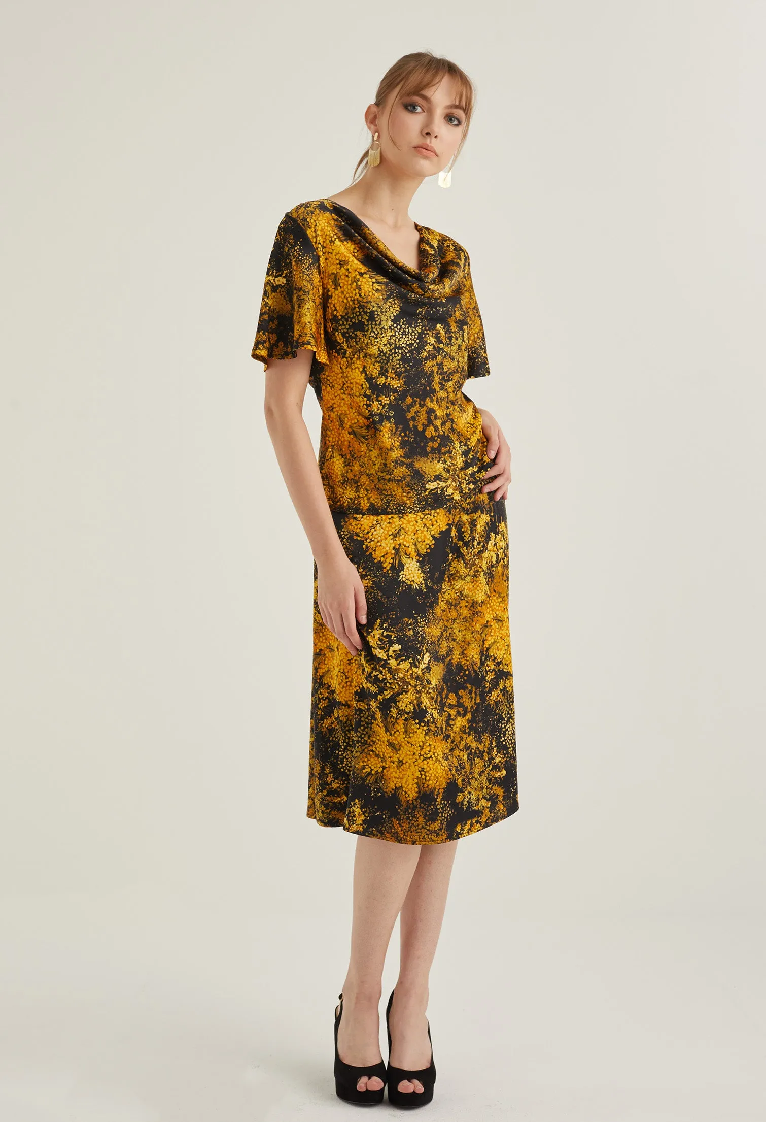 Faux Wrap Floral Burst Midi Skirt