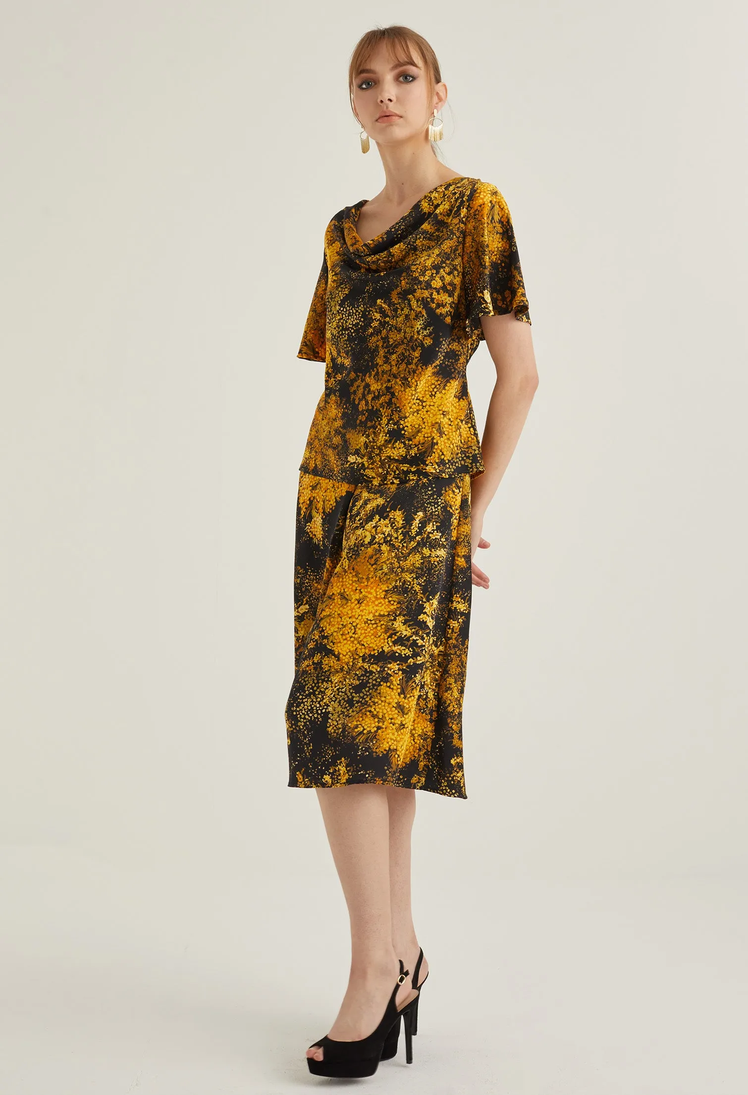 Faux Wrap Floral Burst Midi Skirt