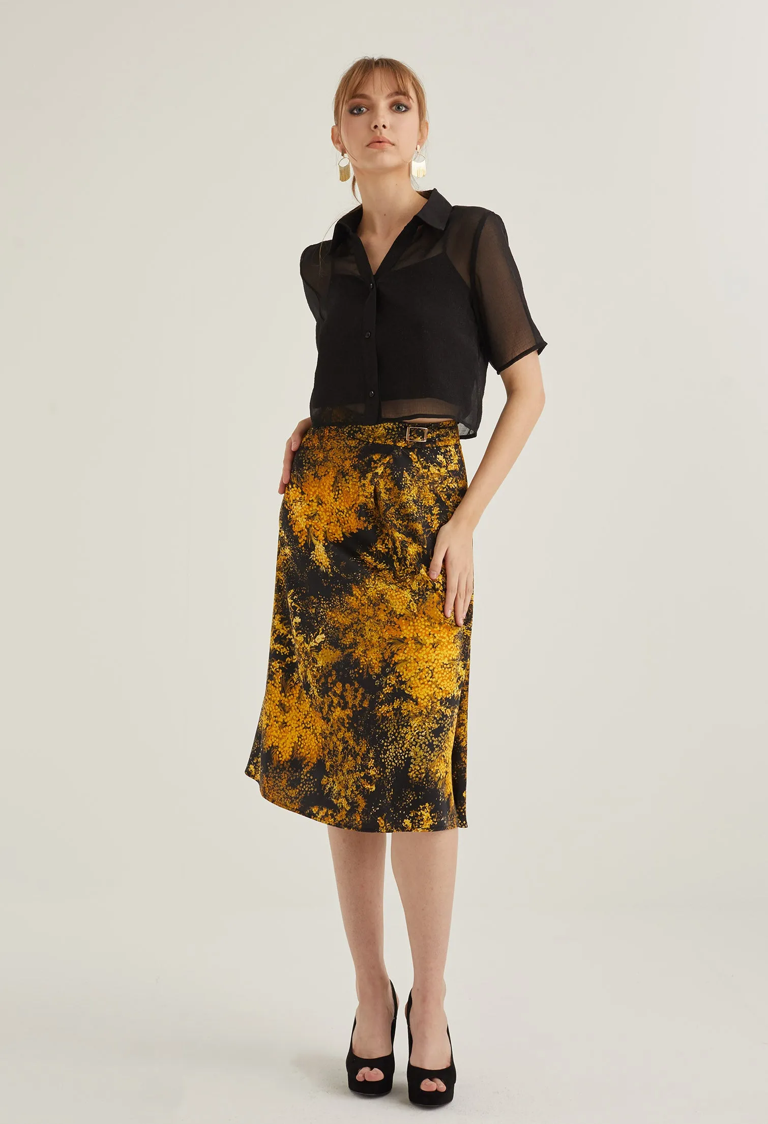 Faux Wrap Floral Burst Midi Skirt