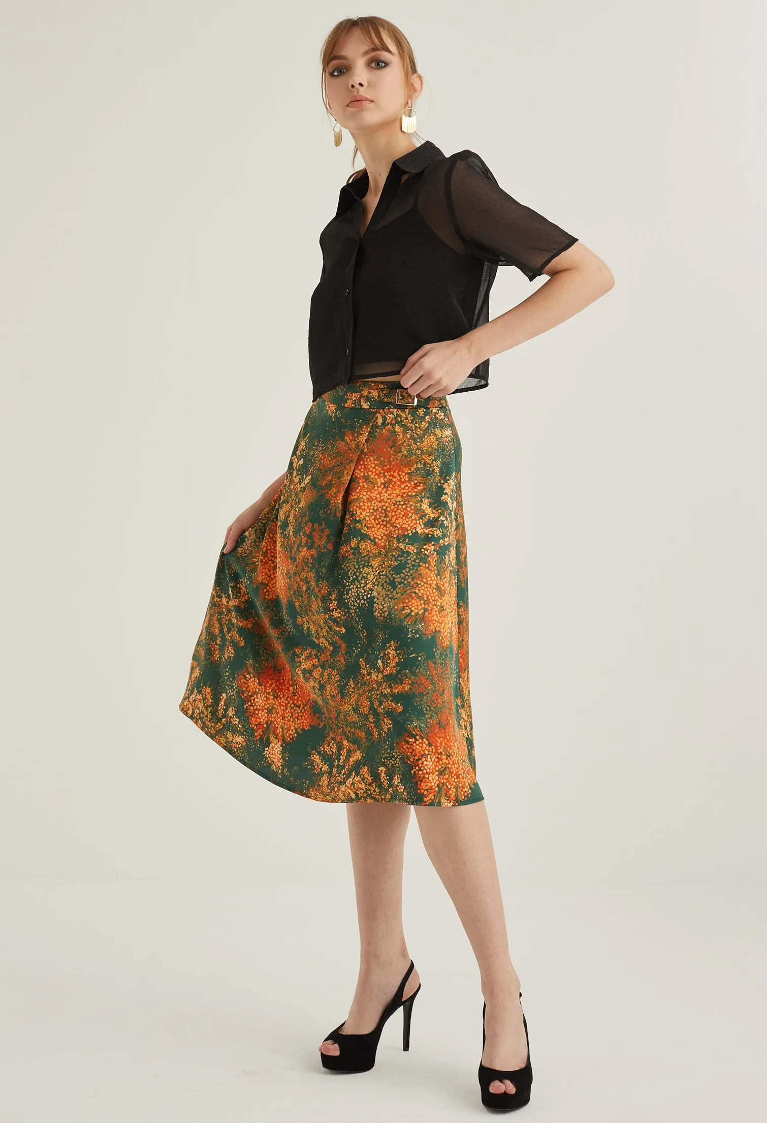 Faux Wrap Floral Burst Midi Skirt