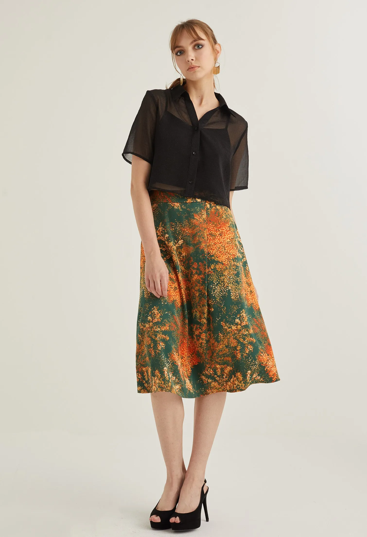 Faux Wrap Floral Burst Midi Skirt