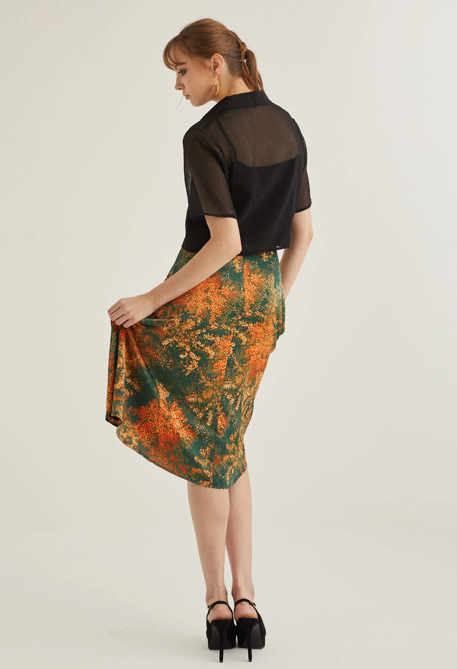 Faux Wrap Floral Burst Midi Skirt