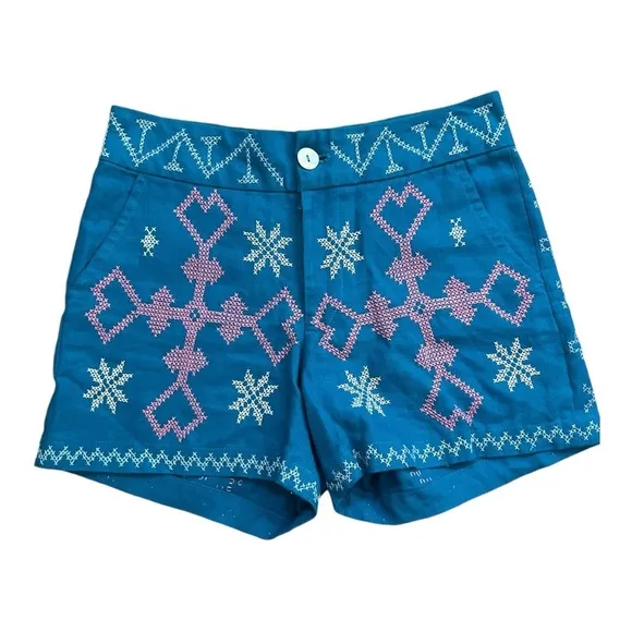 Filip   Inna Hand Embroidered Linen Boho Shorts | Teal Blue | XS