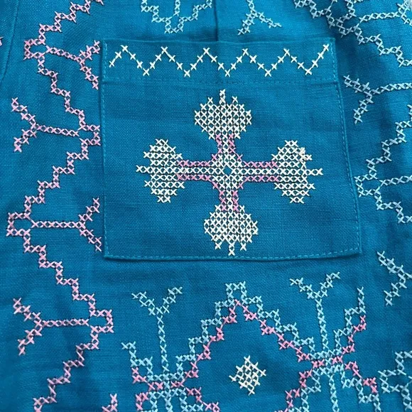 Filip   Inna Hand Embroidered Linen Boho Shorts | Teal Blue | XS