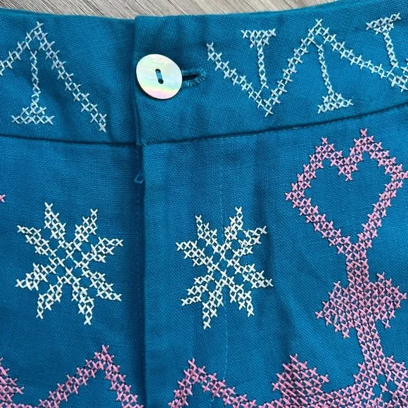 Filip   Inna Hand Embroidered Linen Boho Shorts | Teal Blue | XS