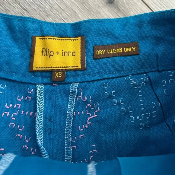 Filip   Inna Hand Embroidered Linen Boho Shorts | Teal Blue | XS