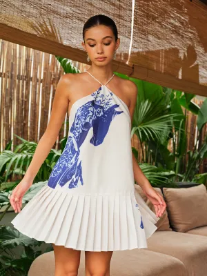 Floral Print Pleated Halter Dress