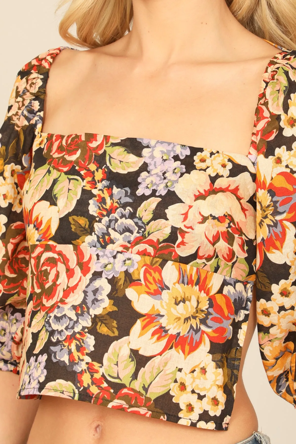 FLORAL PUFF SLEEVE TIE BACK CROP TOP