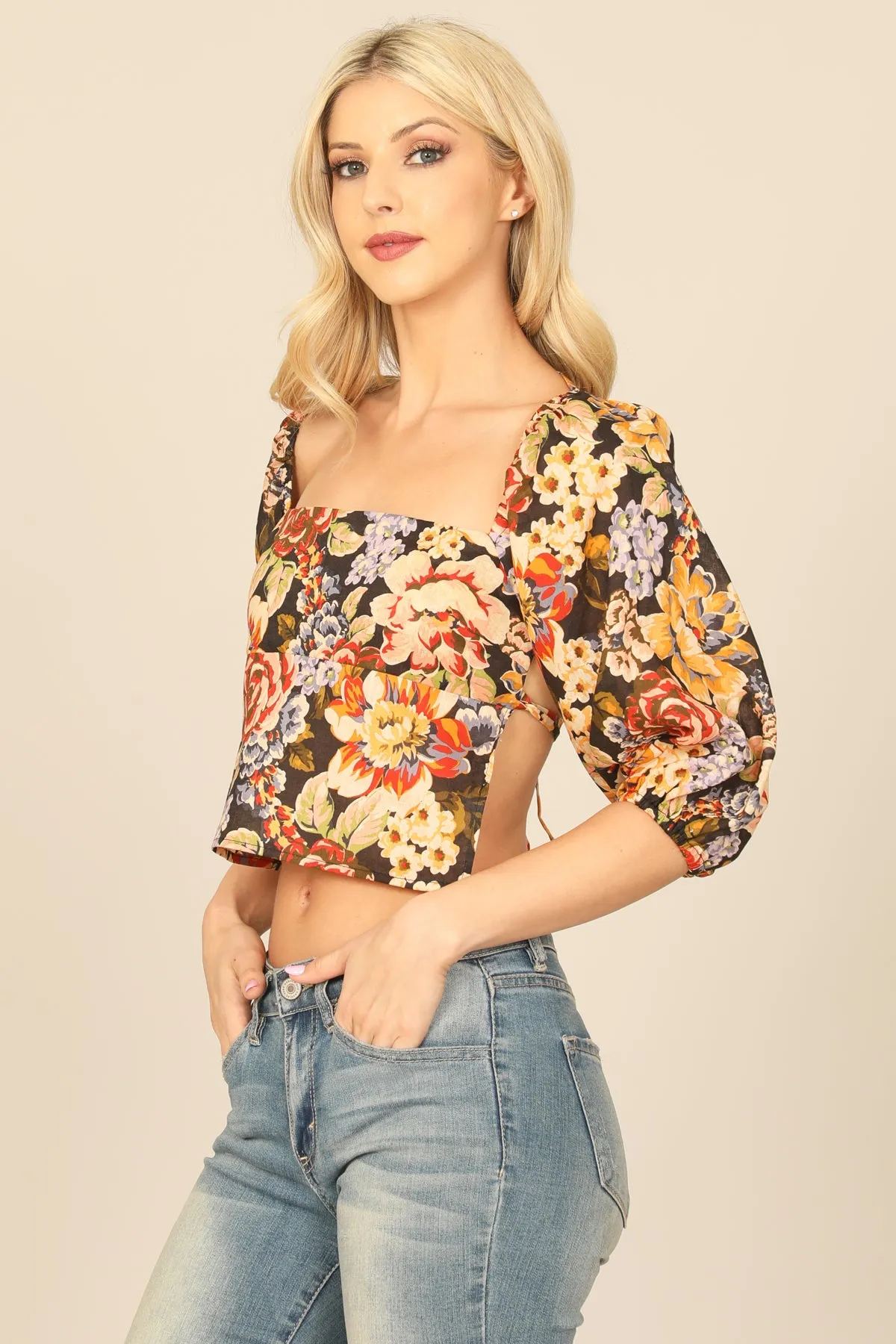 FLORAL PUFF SLEEVE TIE BACK CROP TOP