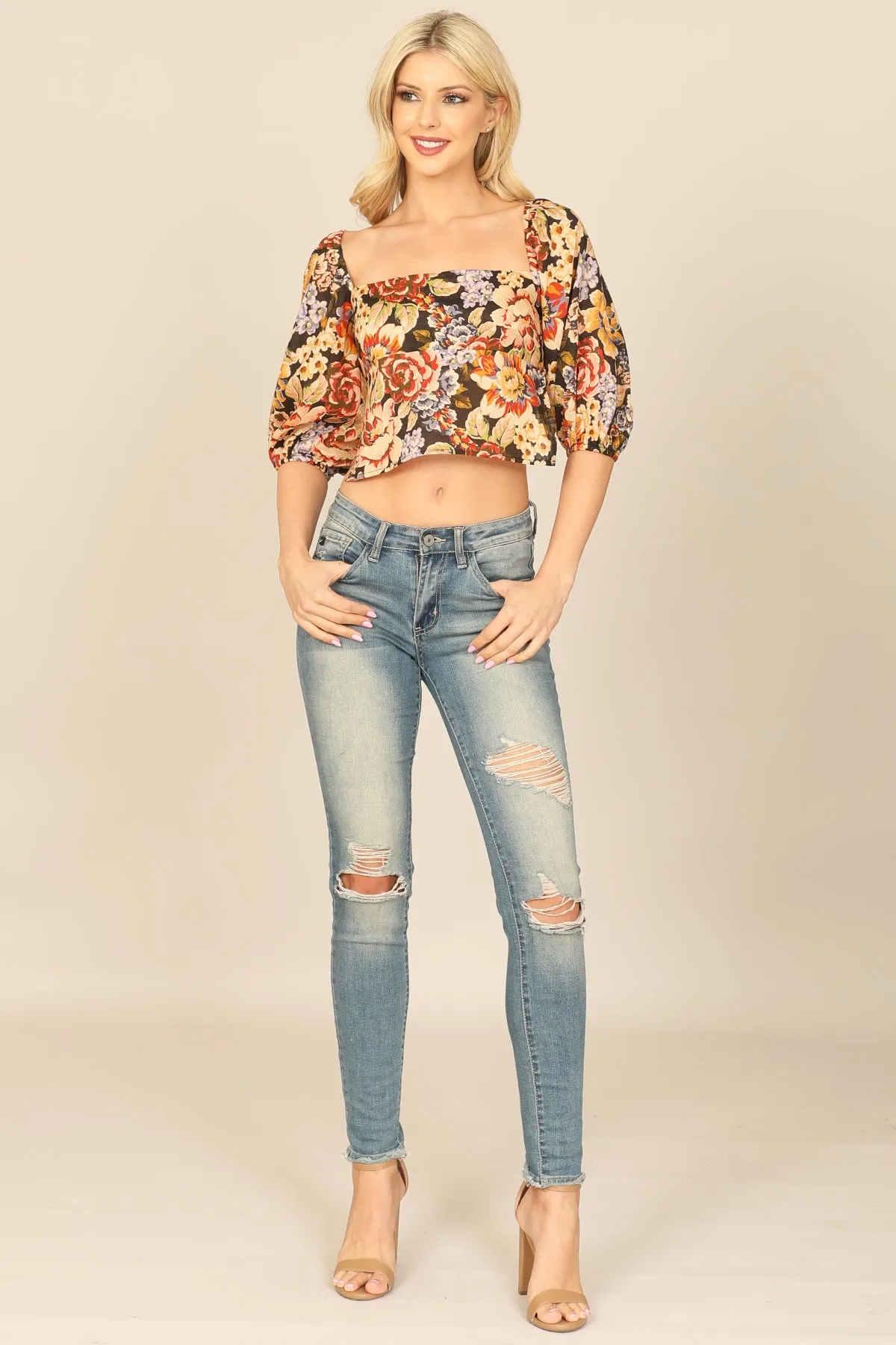 FLORAL PUFF SLEEVE TIE BACK CROP TOP