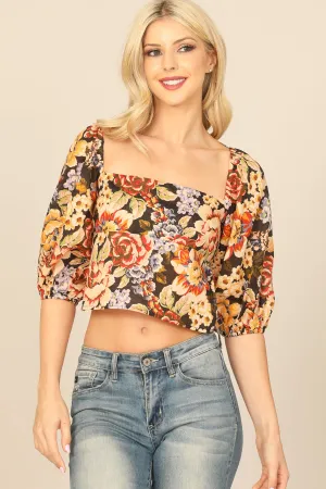 FLORAL PUFF SLEEVE TIE BACK CROP TOP
