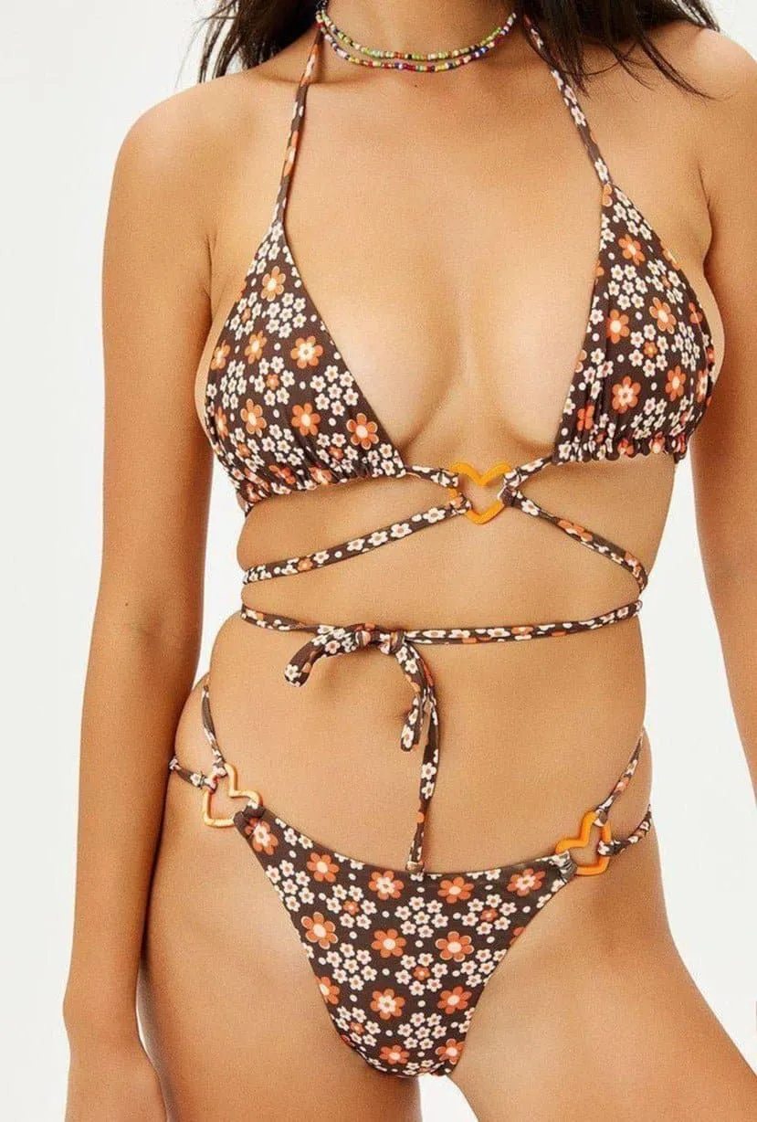 Frankies Bikinis Kailyn Floral String Bikini Bottom in Brown Buttercup