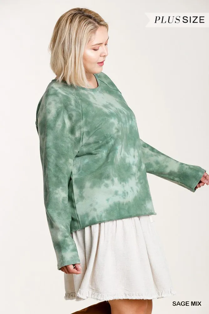 French Terry Tie-dye Raglan Long Sleeve Top With Raw Hem