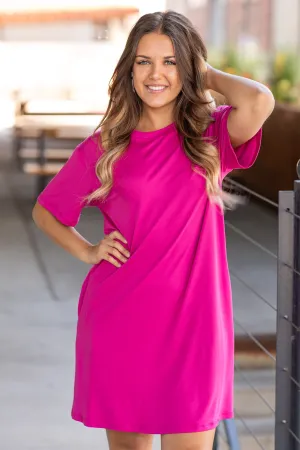 Fuchsia Knit T-Shirt Dress With Pockets